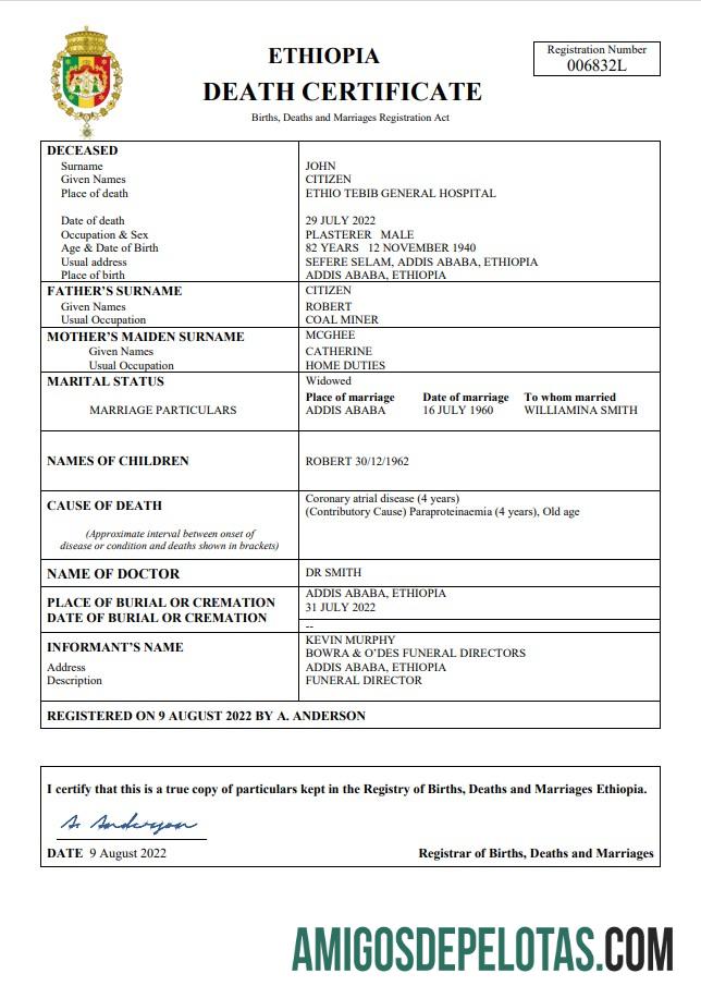 Realista modelo Word e PDF de certidão de óbito de registro vital da Etiópia